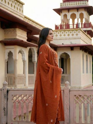 Rust Chanderi Silk Embroidered Kurta Set with Dupatta