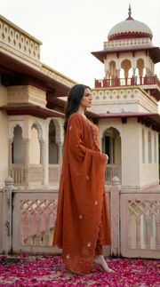 Rust Chanderi Silk Embroidered Kurta Set with Dupatta - Orange