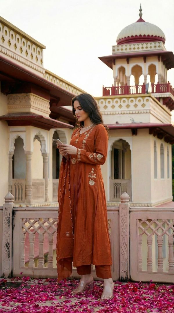 Rust Chanderi Silk Embroidered Kurta Set with Dupatta