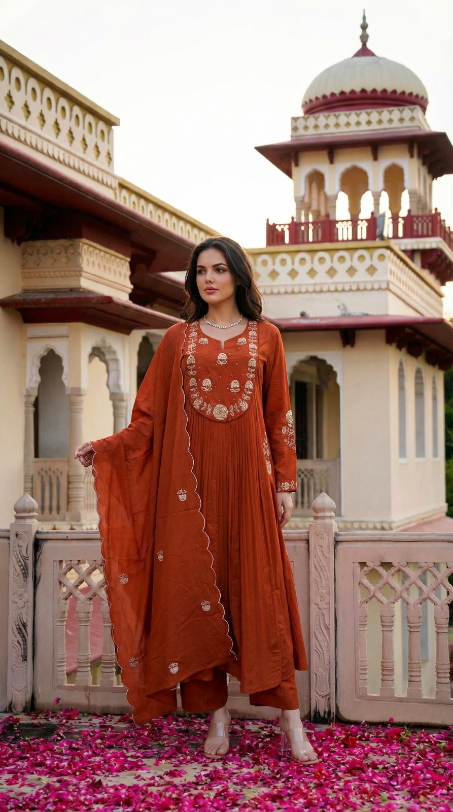 Rust Chanderi Silk Embroidered Kurta Set with Dupatta