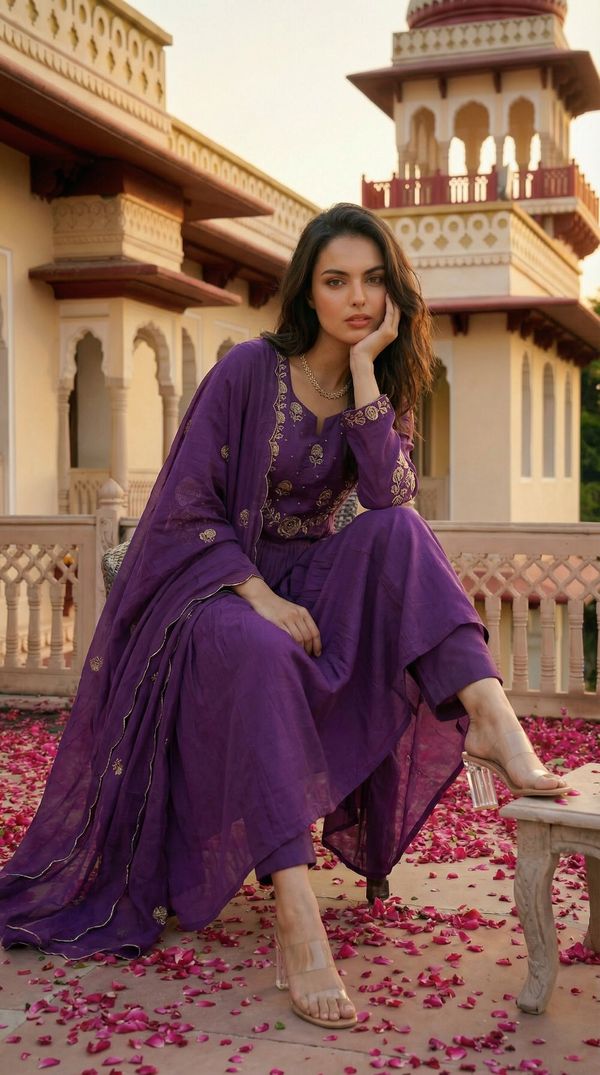Purple Chanderi Silk Embroidered Kurta Set With Dupatta