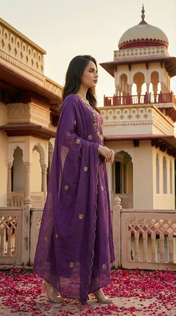 Purple Chanderi Silk Embroidered Kurta Set with Dupatta
