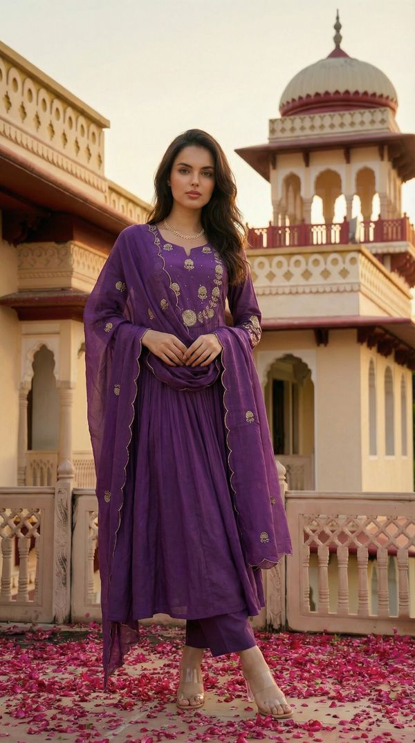 Purple Chanderi Silk Embroidered Kurta Set with Dupatta