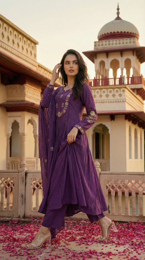 Purple Chanderi Silk Embroidered Kurta Set with Dupatta
