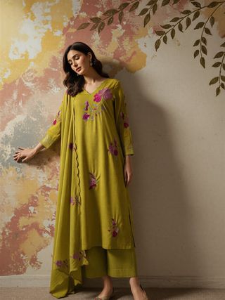 Olive Green Chanderi Silk Embroidered Kurta Set Dupatta