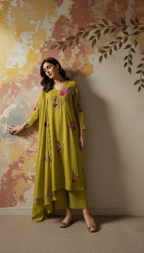 Olive Green Chanderi Silk Embroidered Kurta Set Dupatta