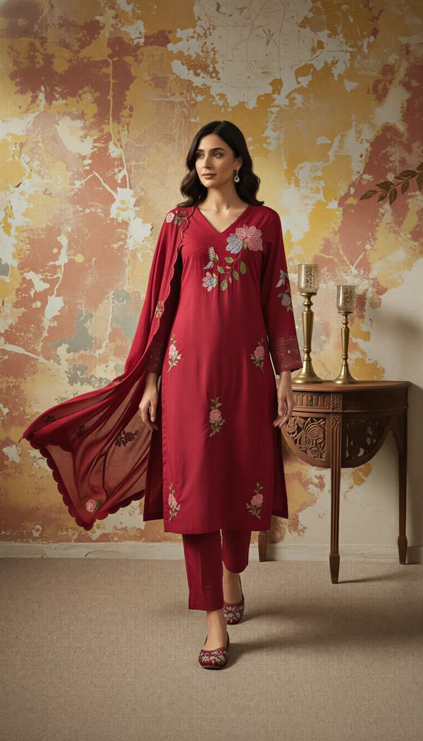 Maroon Embroidered Chanderi Kurta Set with Dupatta