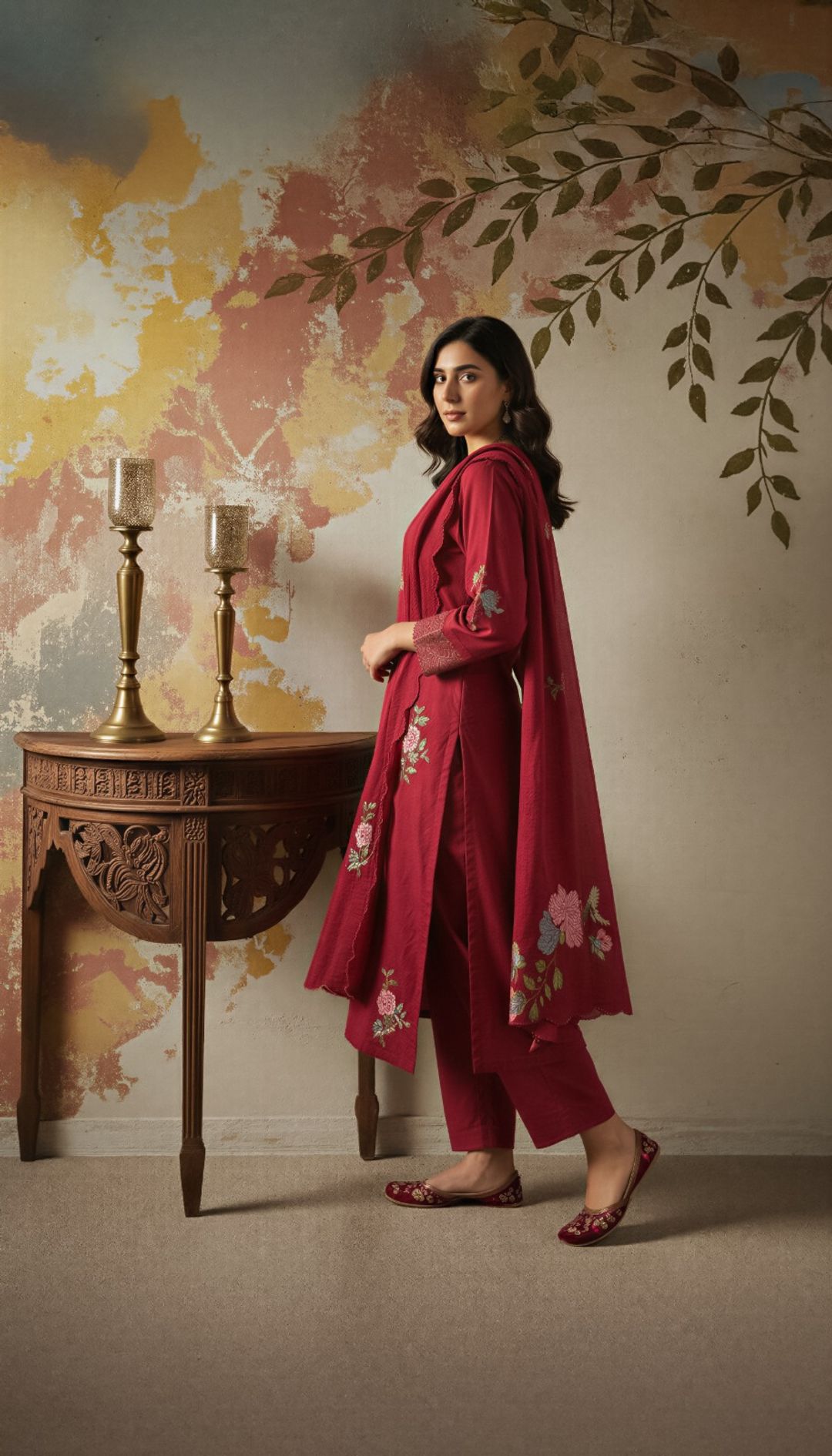 Maroon Embroidered Chanderi Kurta Set with Dupatta