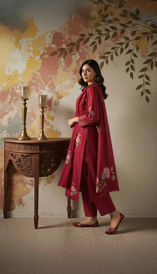 Maroon Embroidered Chanderi Kurta Set with Dupatta