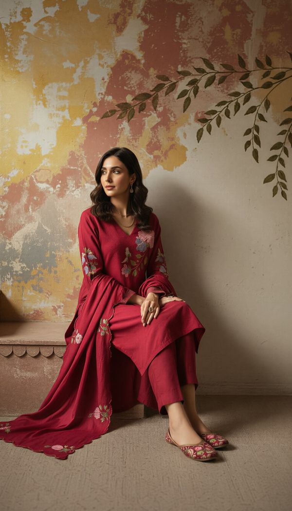 Maroon Embroidered Chanderi Kurta Set with Dupatta