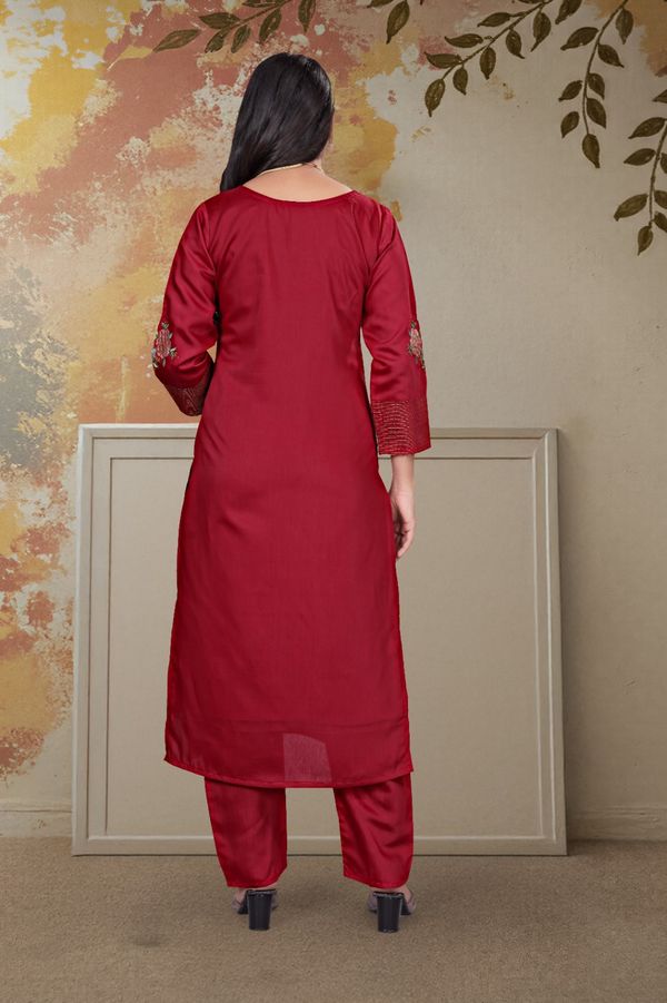 Maroon Embroidered Chanderi Kurta Set with Dupatta