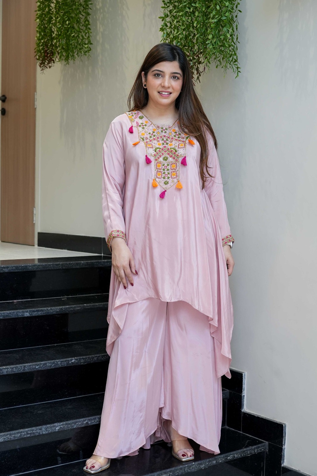 Pink Embroidered Kurta Pant Set in French Crepe