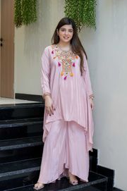 Pink Embroidered Kurta Pant Set in French Crepe - Pink