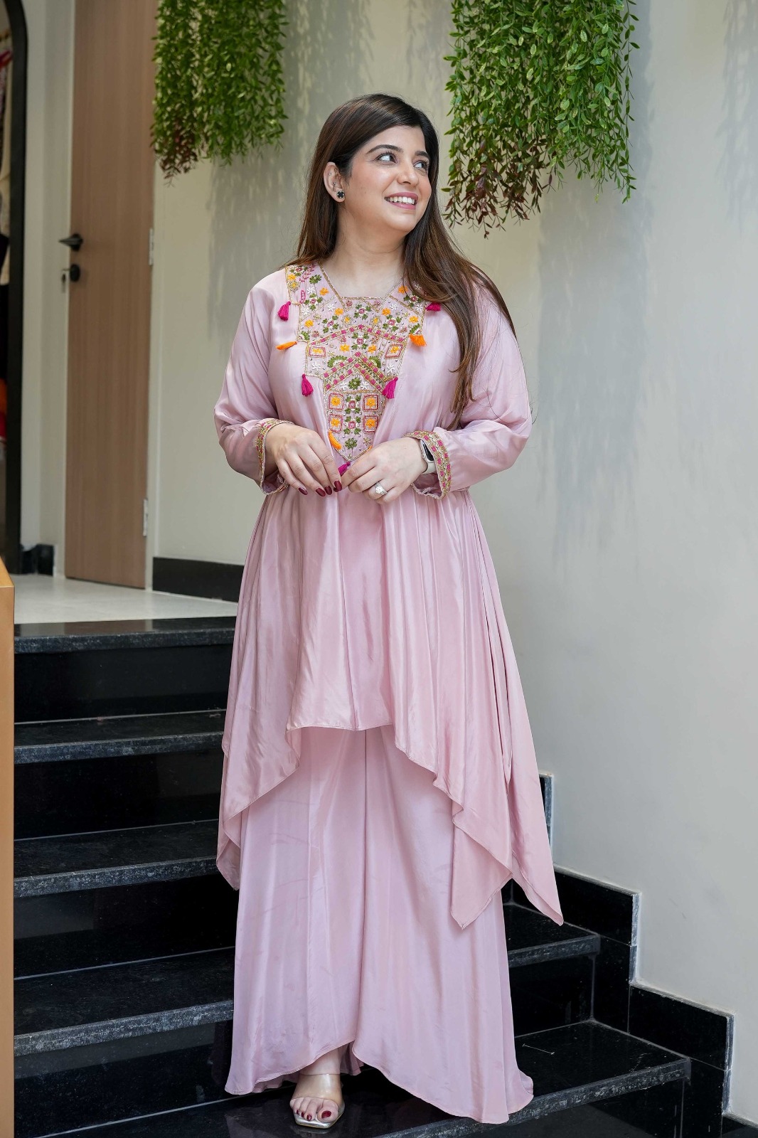 Pink Embroidered Kurta Pant Set in French Crepe