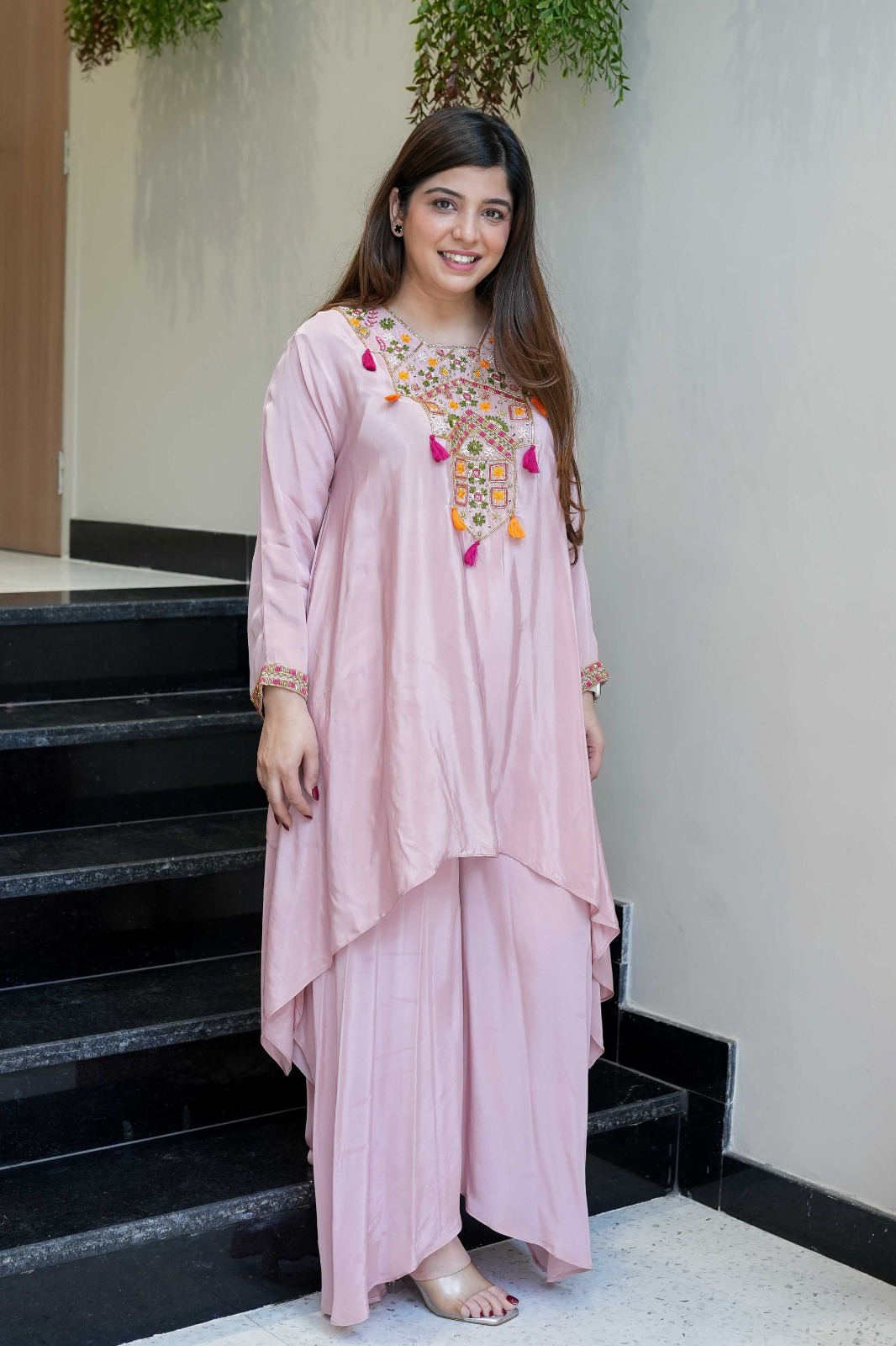 Pink Embroidered Kurta Pant Set in French Crepe