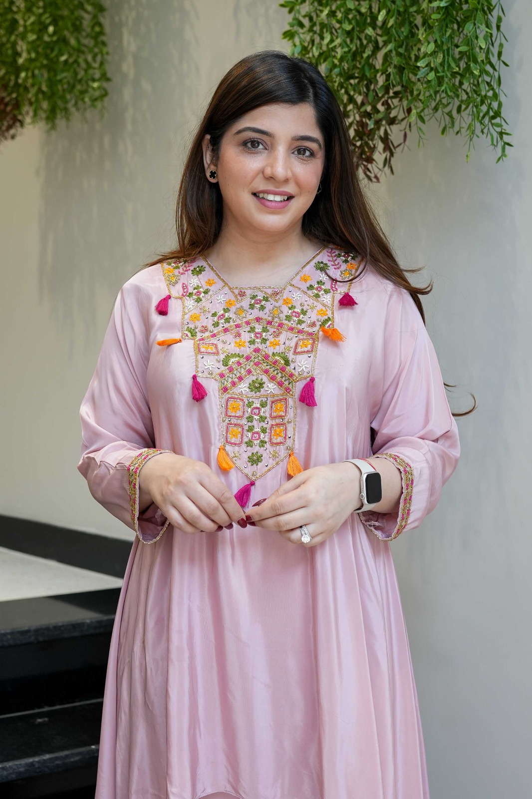 Pink Embroidered Kurta Pant Set in French Crepe