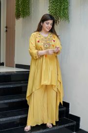 Mustard Embroidered Kurta Pant Set for Women - Yellow