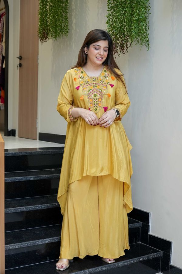 Mustard Embroidered Kurta Pant Set for Women