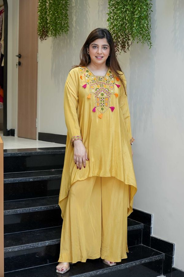 Mustard Embroidered Kurta Pant Set for Women