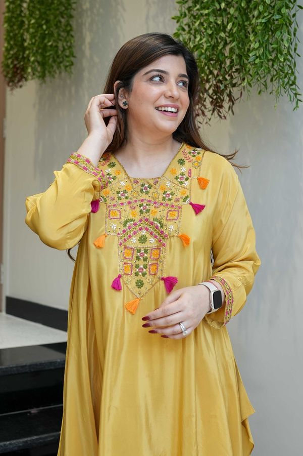 Mustard Embroidered Kurta Pant Set for Women