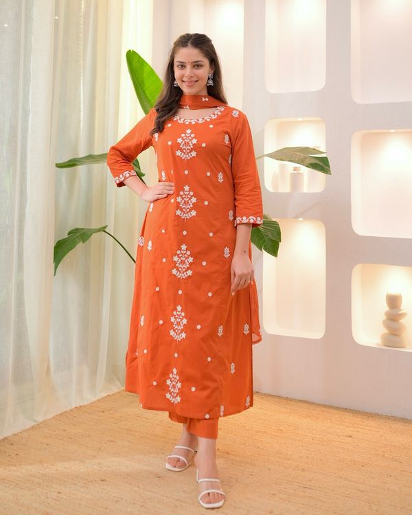 Orange Embroidered Kurta Pant Dupatta Set Online