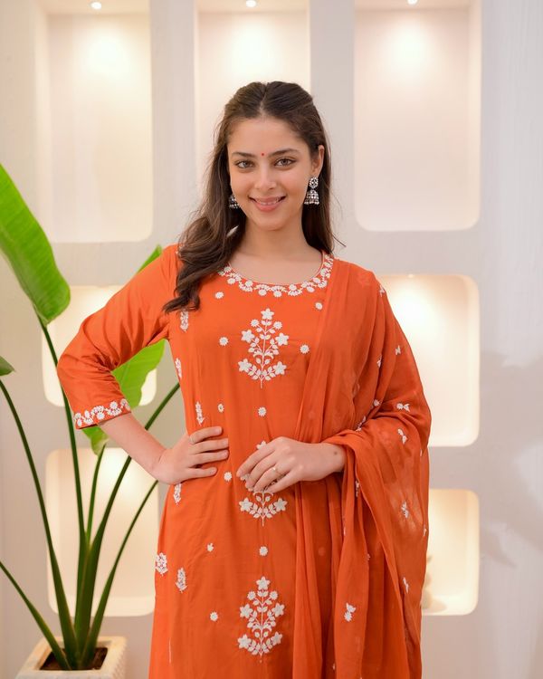 Orange Embroidered Kurta Pant Dupatta Set Online