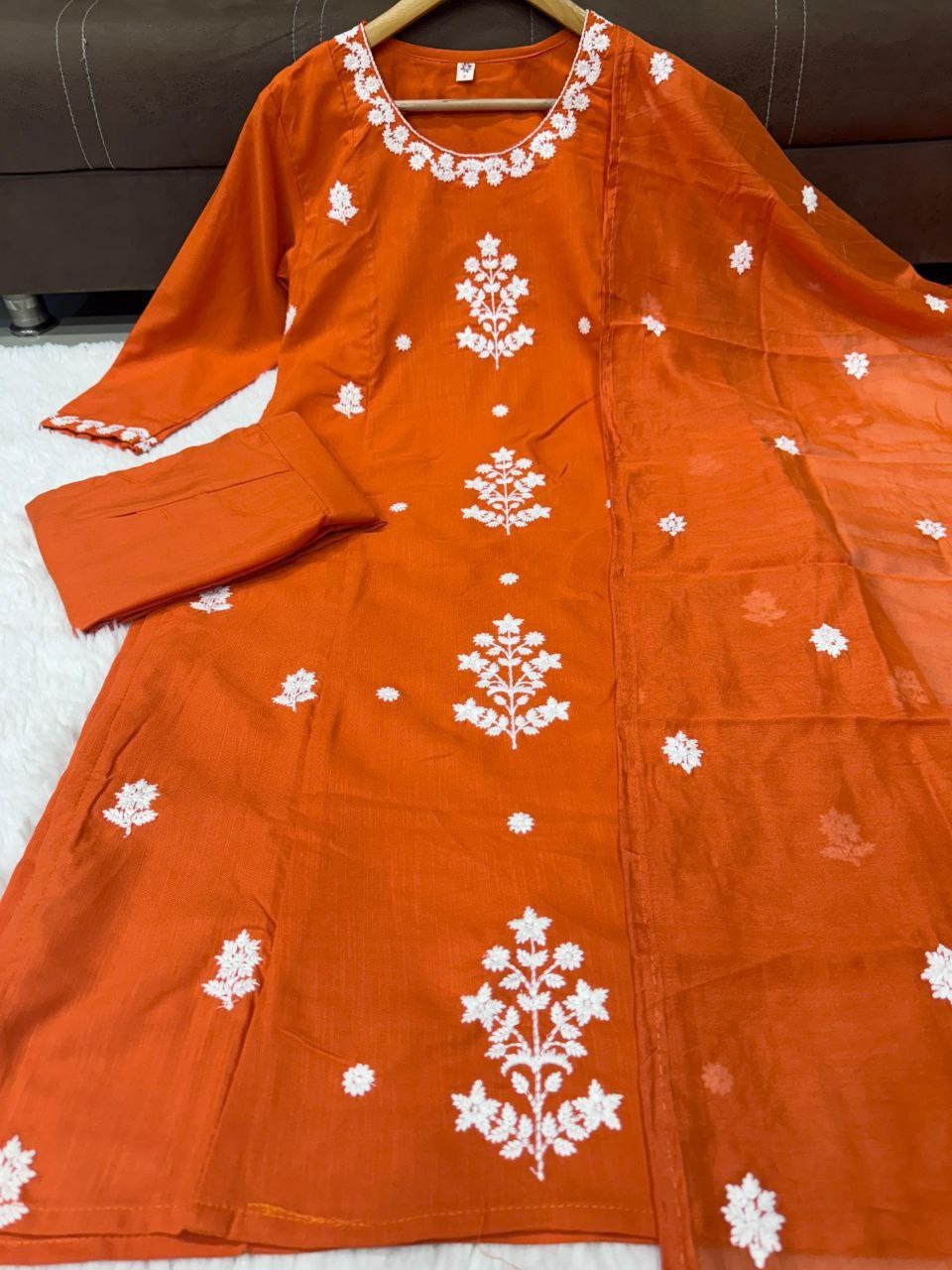 Orange Embroidered Kurta Pant Dupatta Set Online