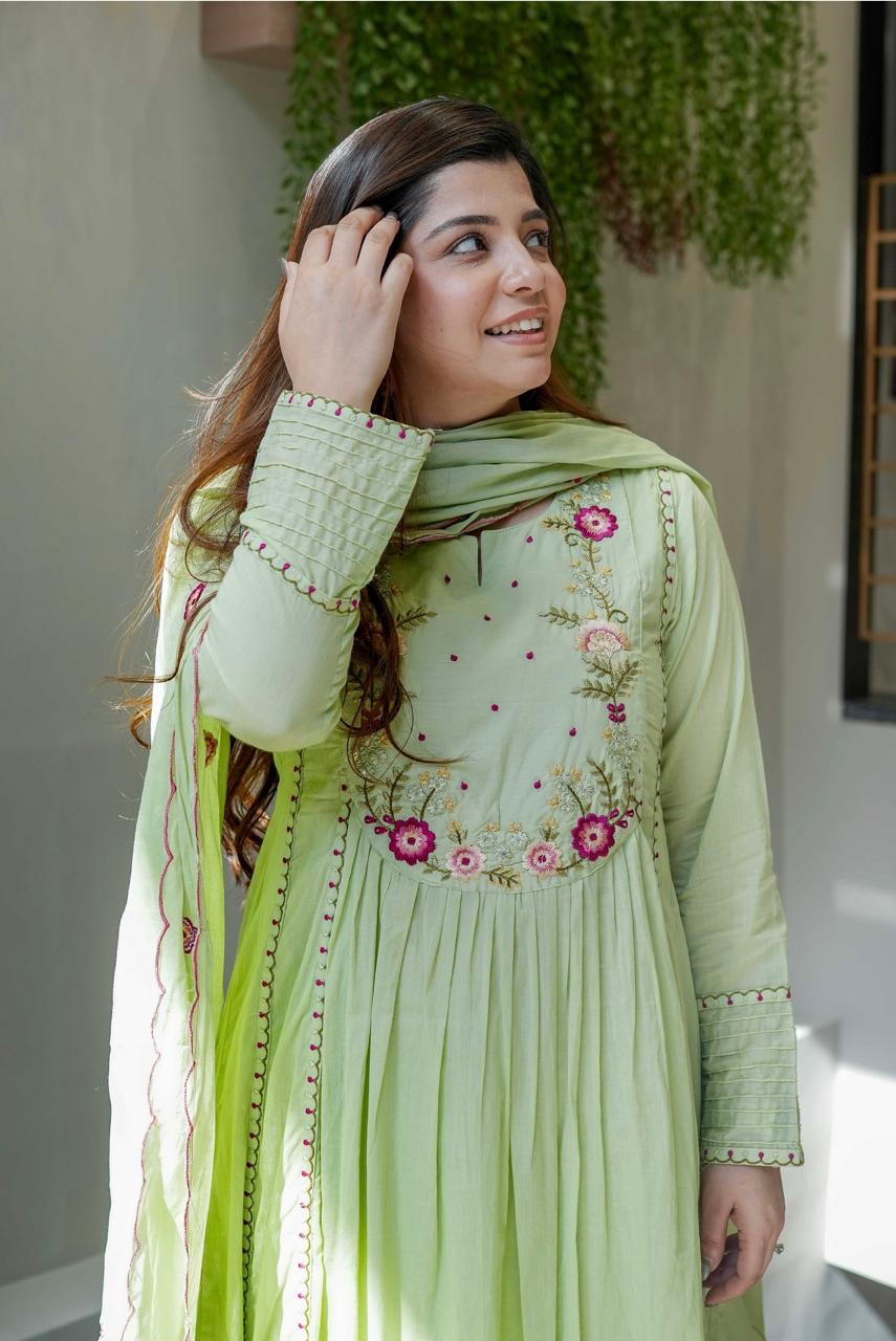 Pista Green Embroidered Chanderi Silk Kurta Set