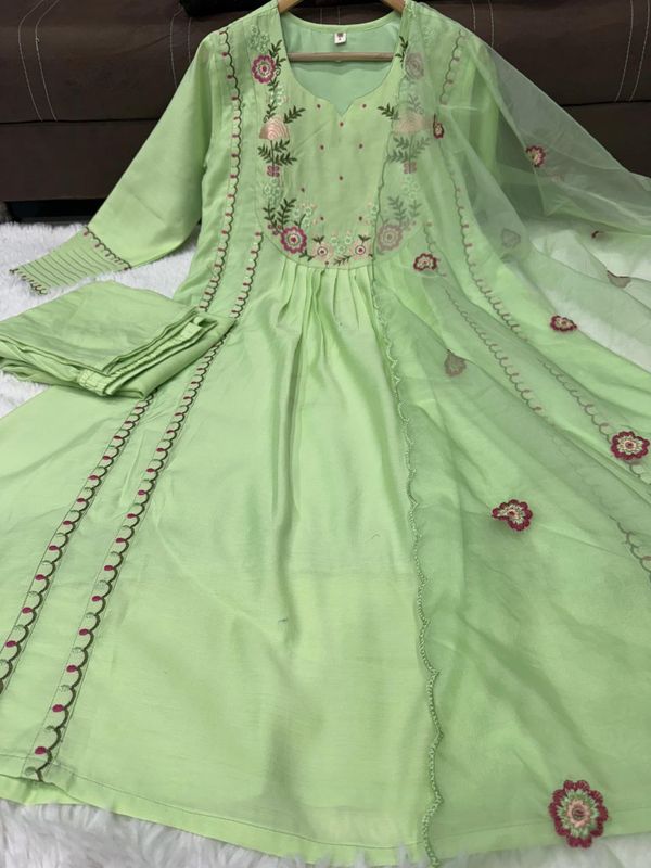 Pista Green Embroidered Chanderi Silk Kurta Set