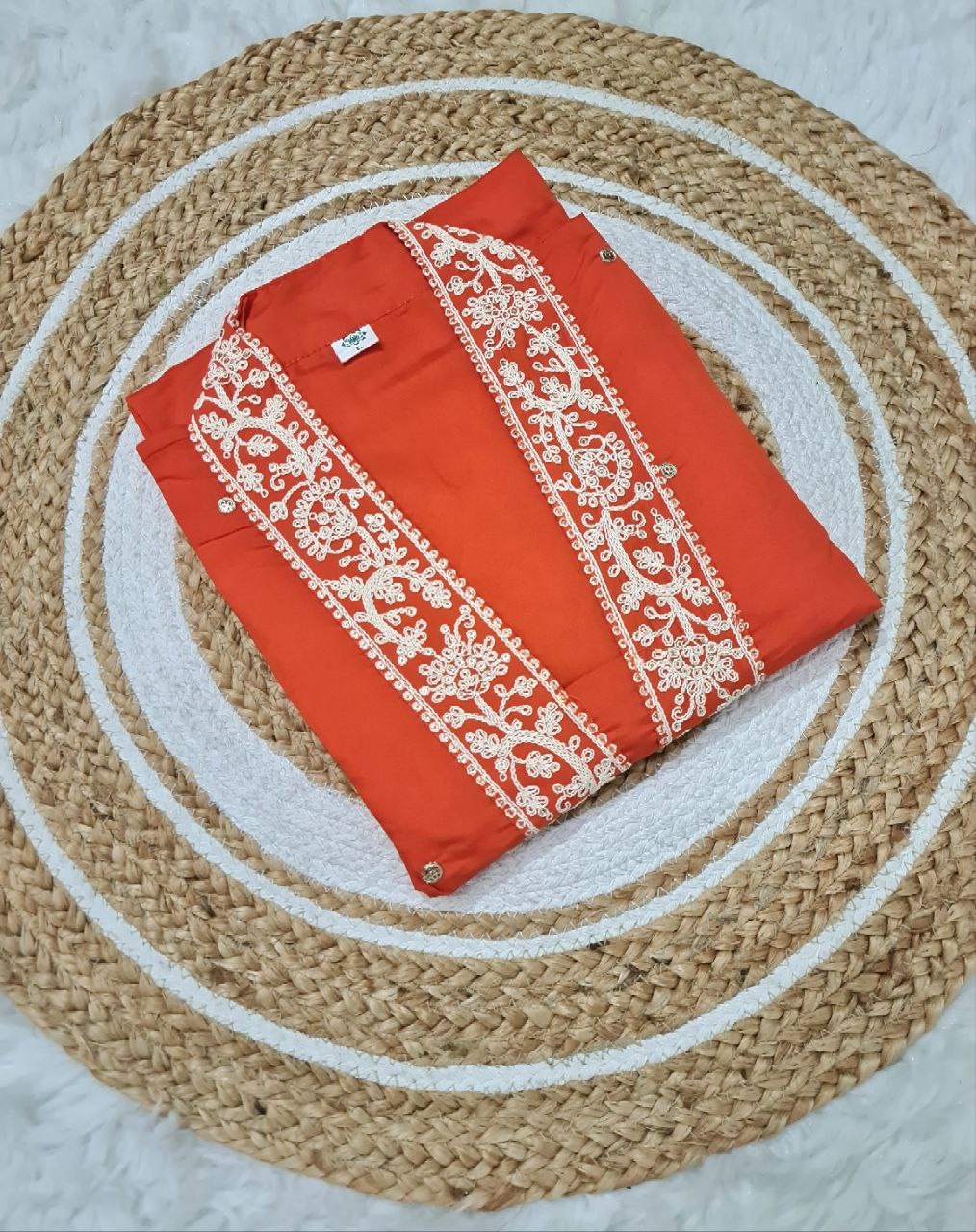 Rust Orange Embroidered Viscose Chanderi Kurta Set