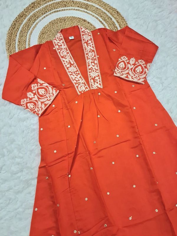Rust Orange Embroidered Viscose Chanderi Kurta Set