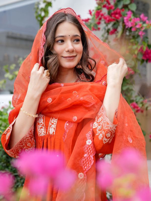 Rust Orange Embroidered Viscose Chanderi Kurta Set
