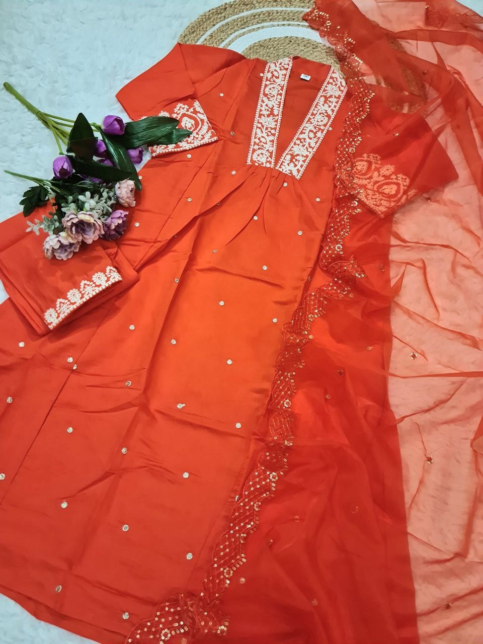 Rust Orange Embroidered Viscose Chanderi Kurta Set