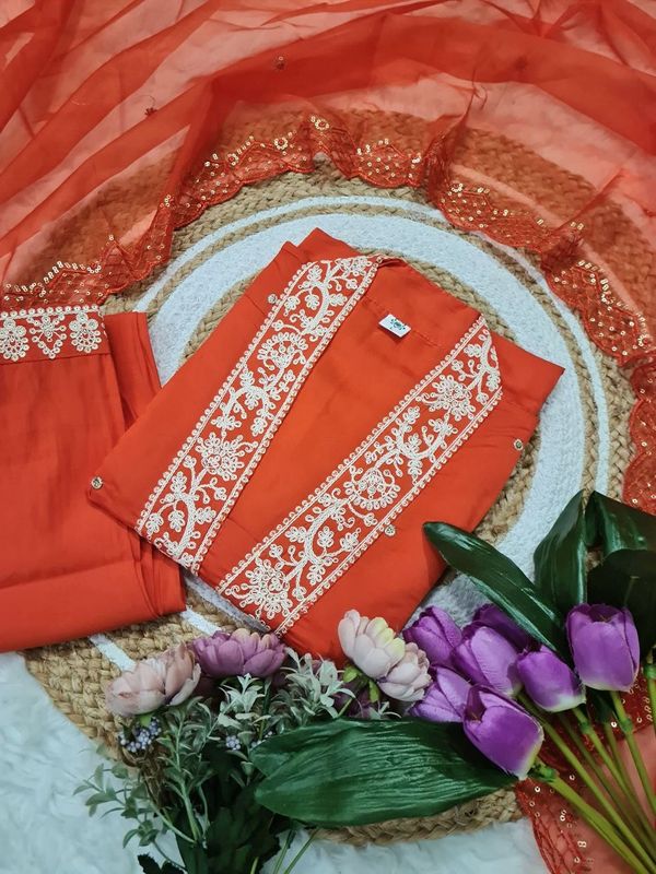 Rust Orange Embroidered Viscose Chanderi Kurta Set