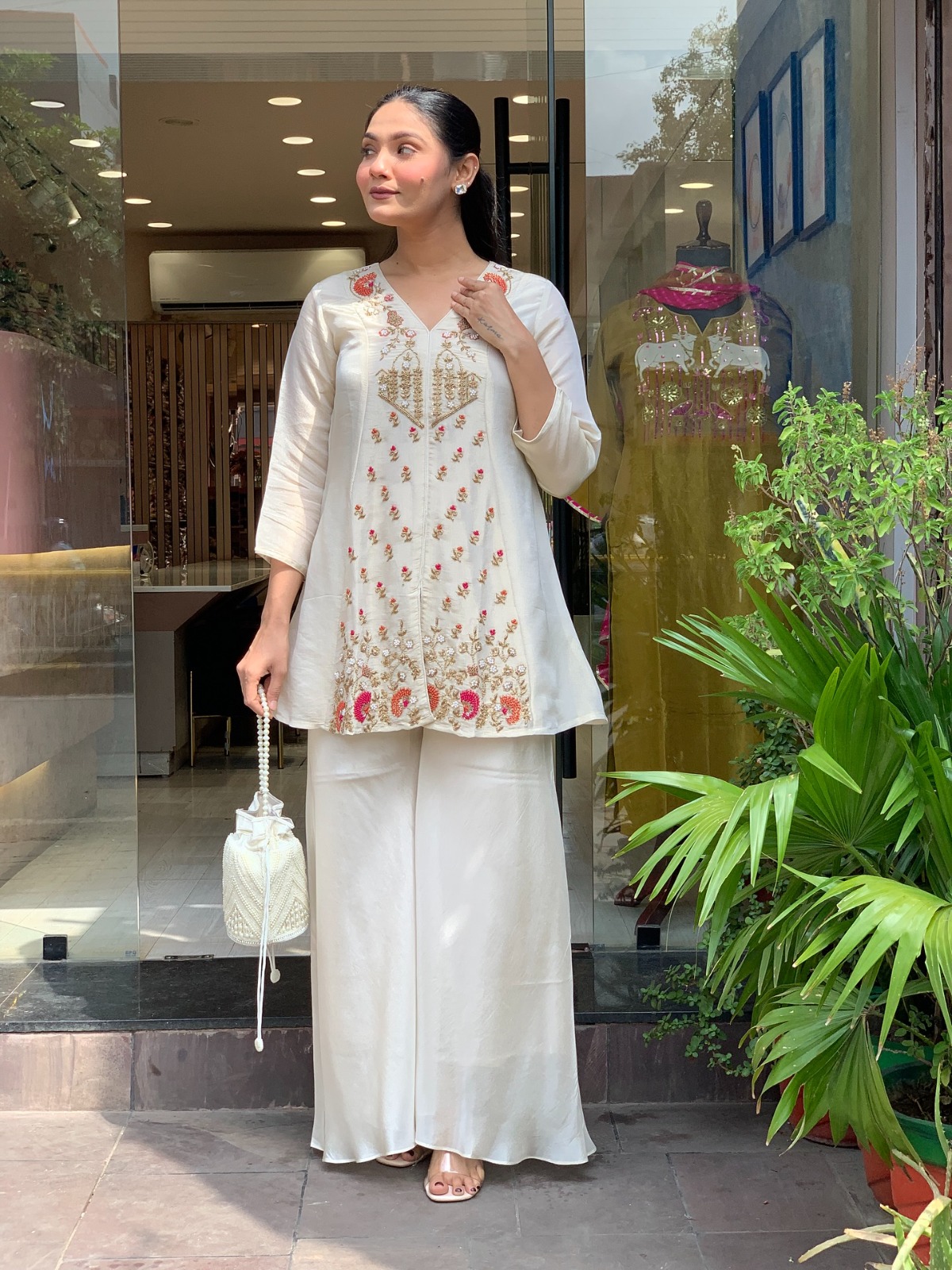 Cream Embroidered Silk Kurta Pant Ethnic Co-ord Set