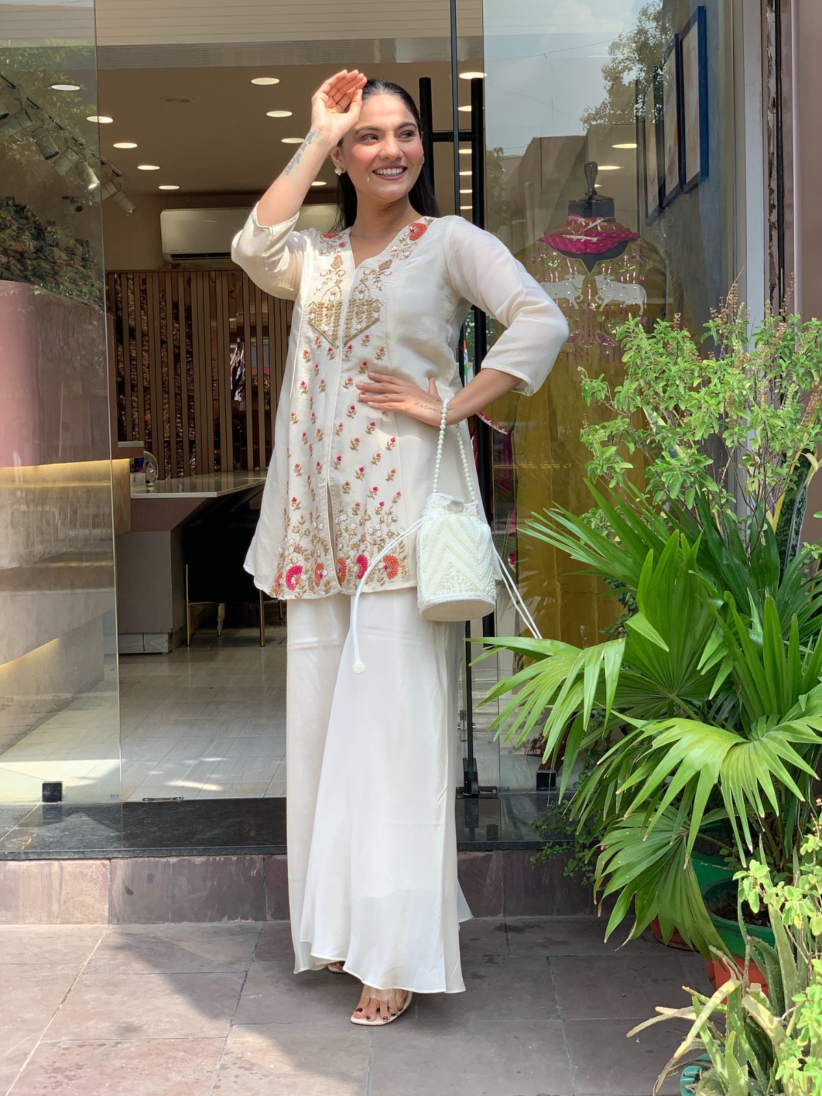 Cream Embroidered Silk Kurta Pant Ethnic Co-ord Set