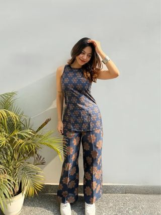 Navy Blue Ajrakh Printed Rayon Top Palazzo Set Women