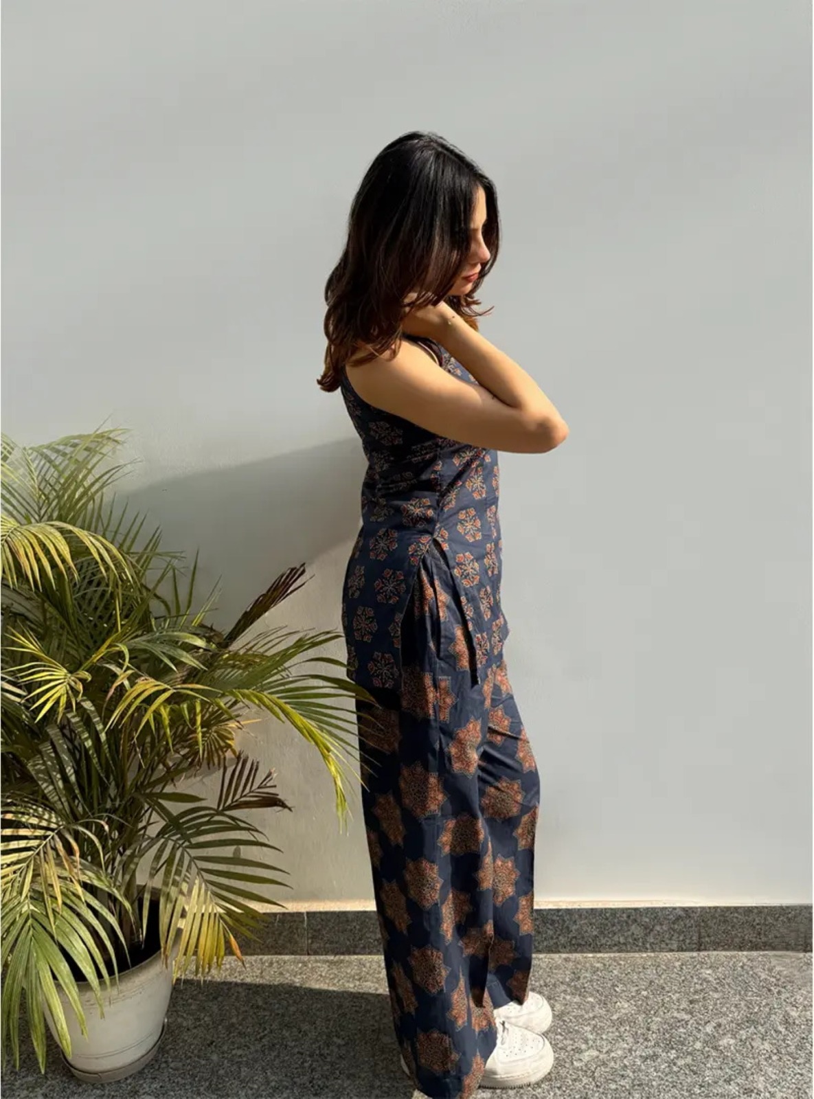 Navy Blue Ajrakh Printed Rayon Top Palazzo Set Women