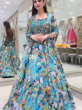 Blue Floral Georgette Lehenga Set with Heavy Flare