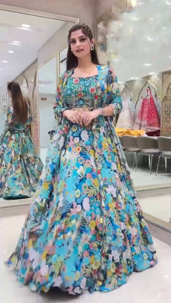 Blue Floral Georgette Lehenga Set with Heavy Flare