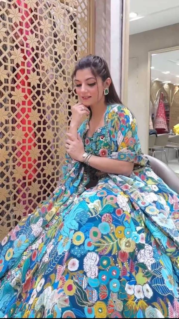 Blue Floral Georgette Lehenga Set with Heavy Flare