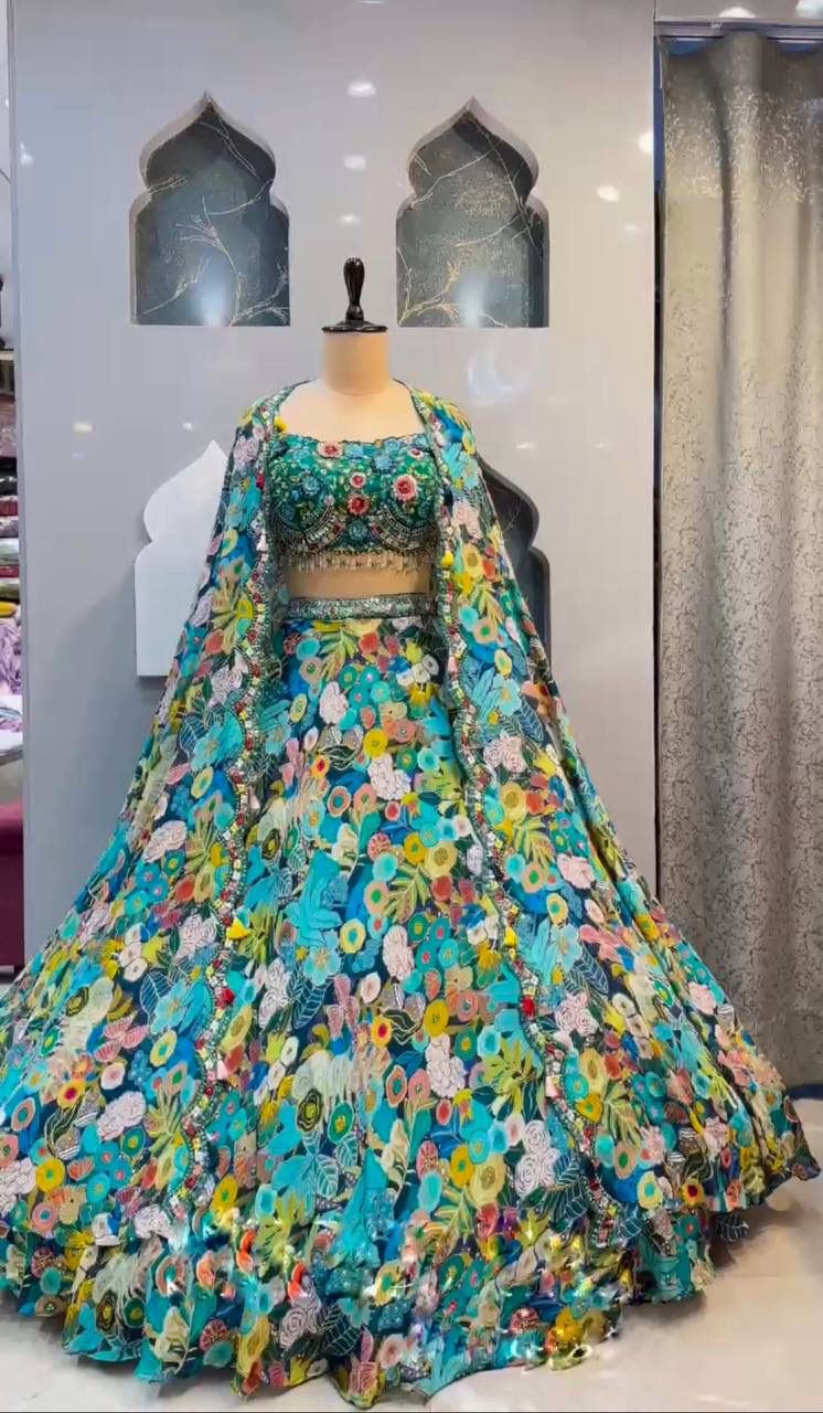 Blue Floral Georgette Lehenga Set with Heavy Flare