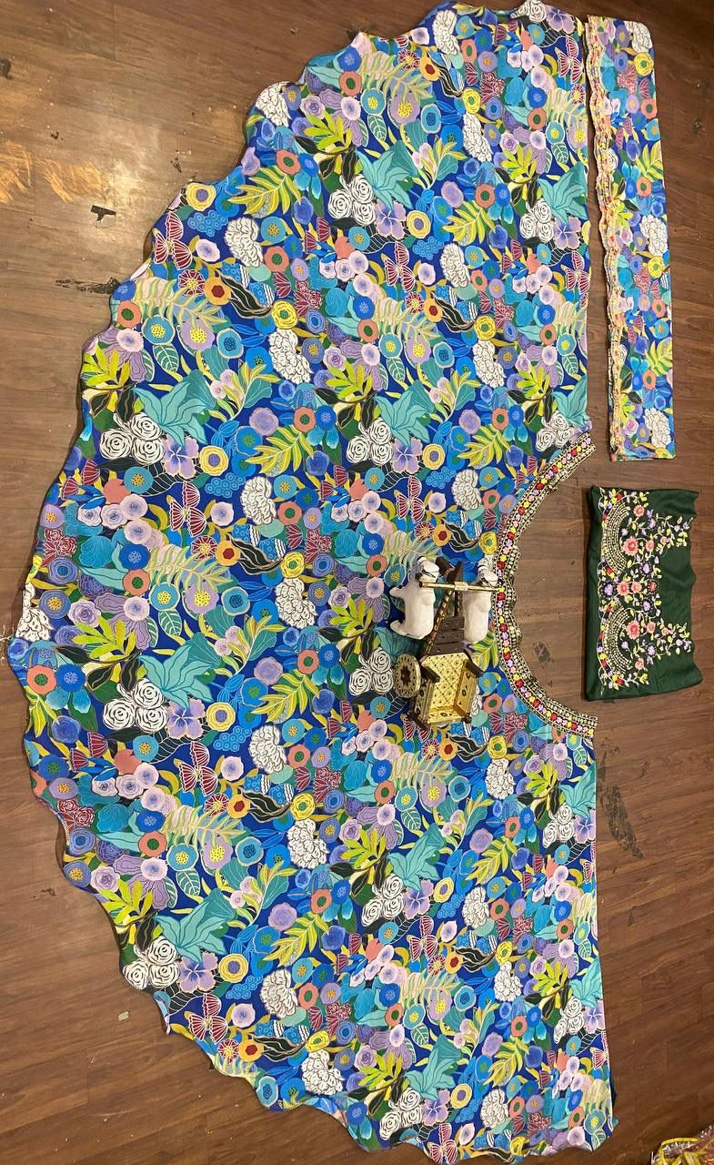Blue Floral Georgette Lehenga Set with Heavy Flare