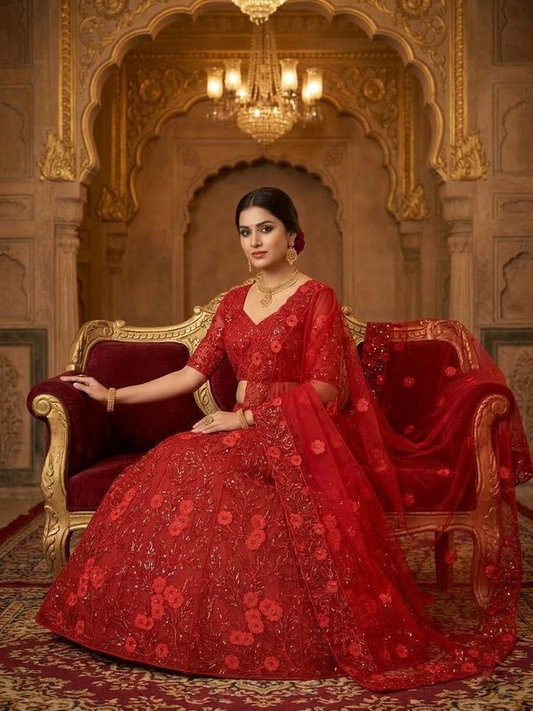Red Sequins Embroidered Bridal Lehenga Online