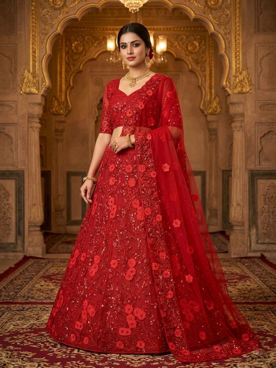 Red Sequins Embroidered Bridal Lehenga Online