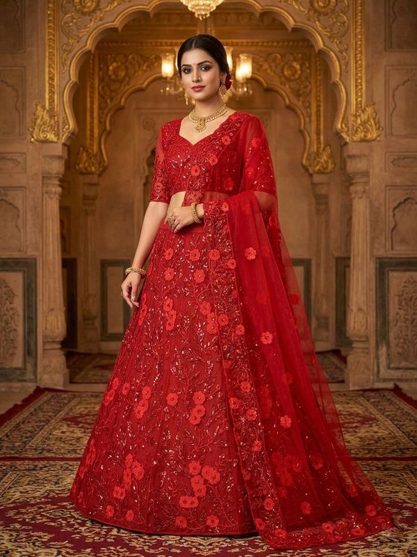 Red Sequins Embroidered Bridal Lehenga Online