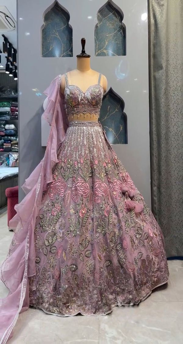 Pink Embroidered Chinon Silk Lehenga Set Online