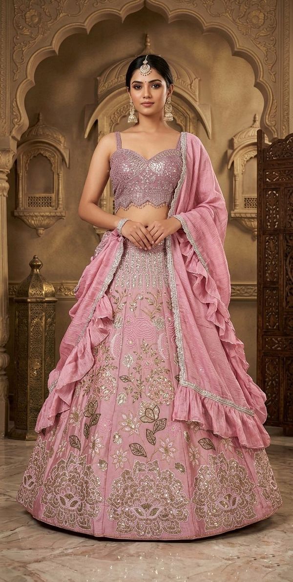 Pink Embroidered Chinon Silk Lehenga Set Online