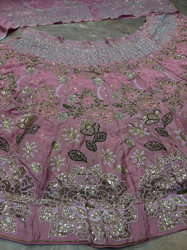 Pink Embroidered Chinon Silk Lehenga Set Online