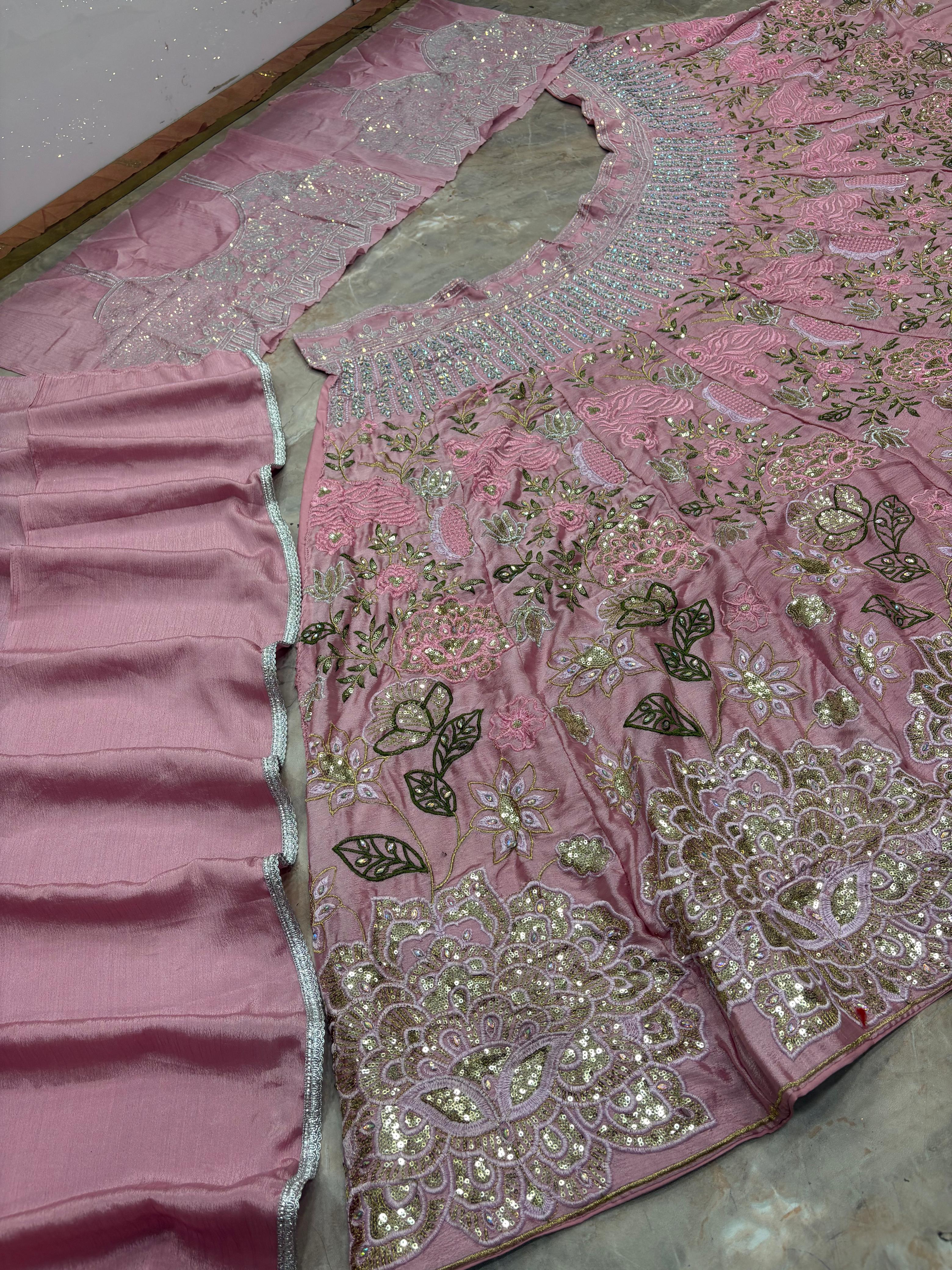 Pink Embroidered Chinon Silk Lehenga Set Online